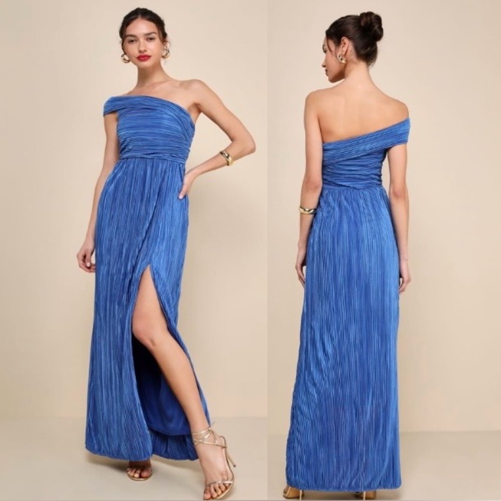 Lulus NWT Poised Performance Blue Plisse One-Shoulder Long Maxi Dress, Size‎ M